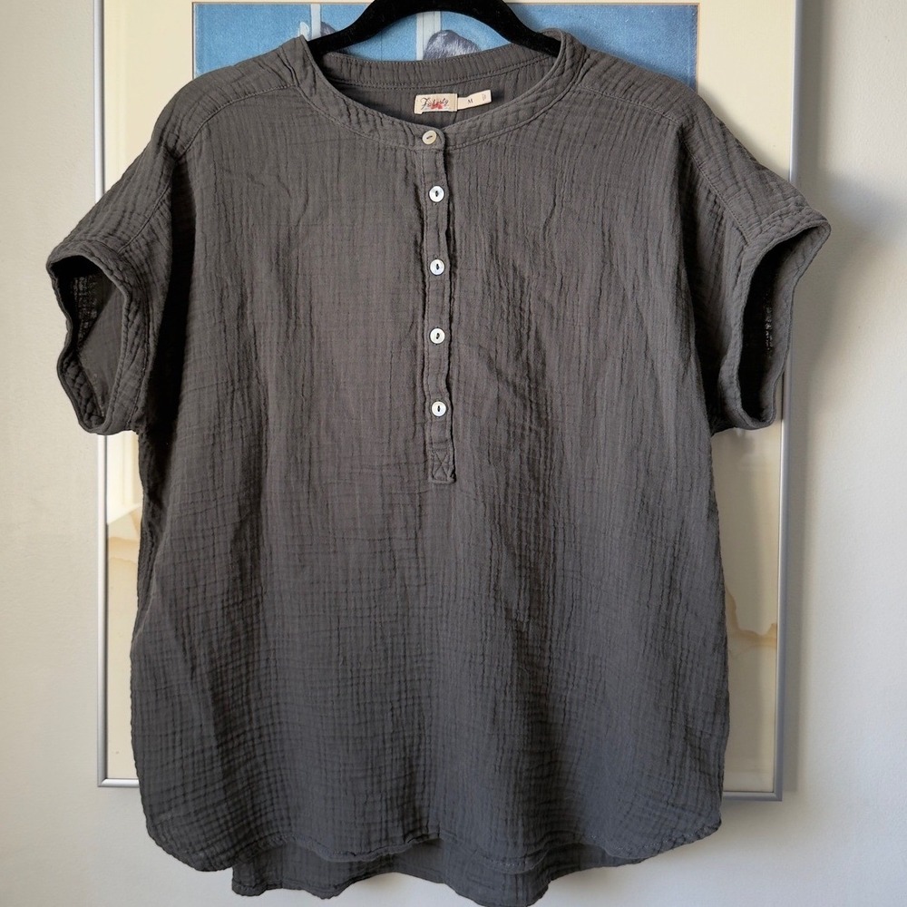 Coastal Faherty Organic Cotton Double Gauze Henley Boxy Short Sleeve Top Grey M